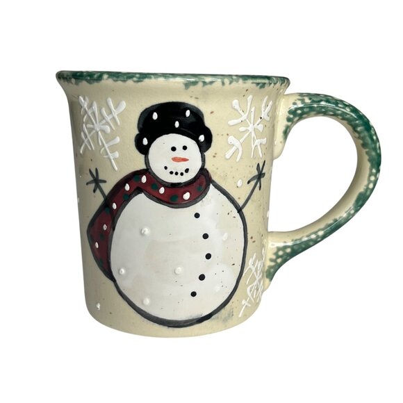 Montgomery Ward Snowman Ceramic Mug Festive Green Handle Winter Design - Picture 1 of 7